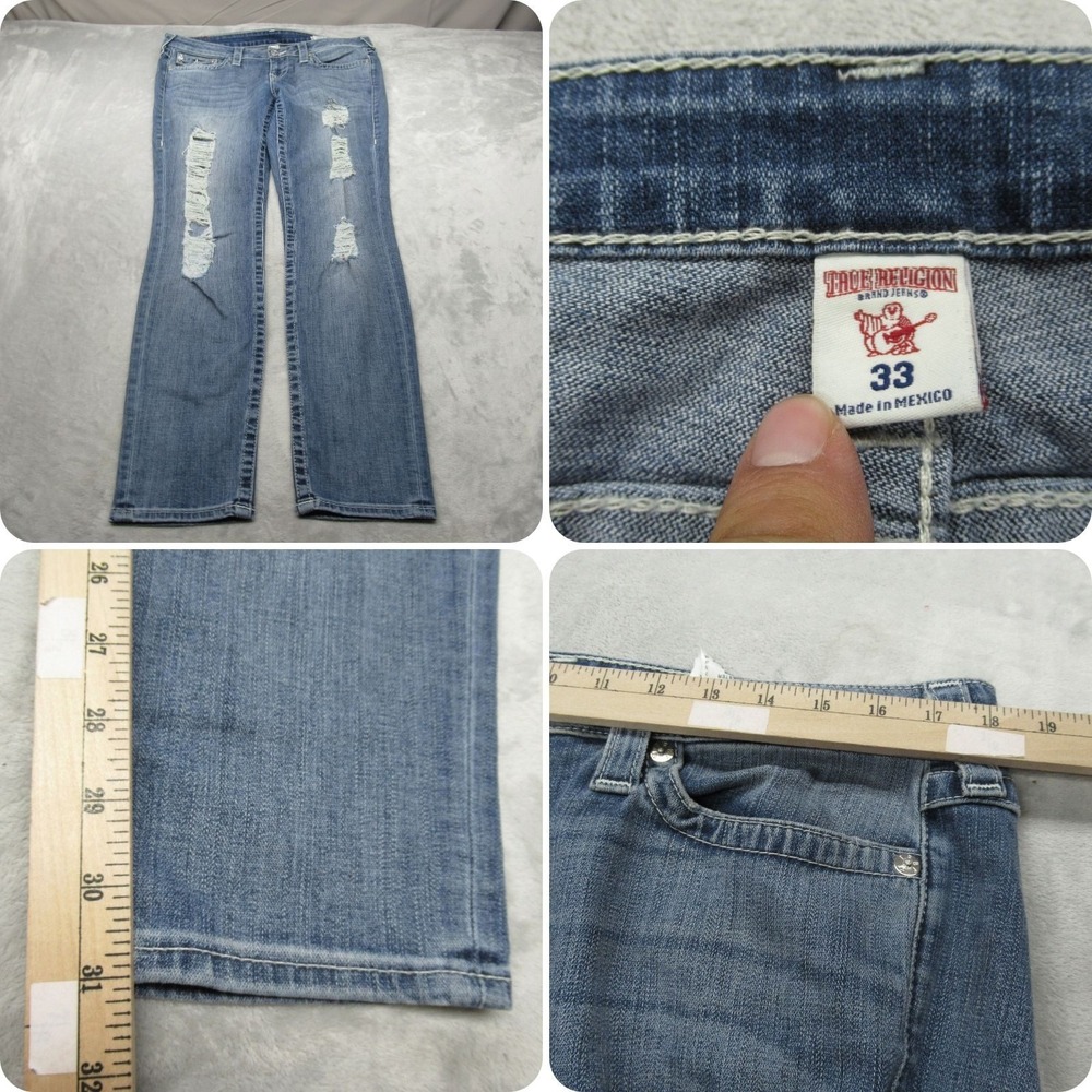 True Religion Jeans Womens 33 Medium Wash‎ Distressed Skinny Flap Pocket 36x31